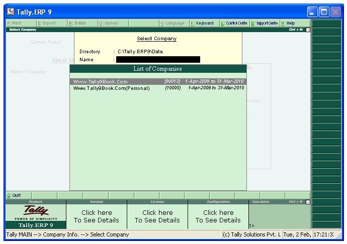 Company Selection Screen in Tally.ERP9